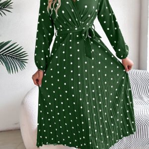 Elegant Contrast Color Polka Dot Cross V-neck Pleated Maxi Dress For Women