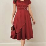 Elegant Burgundy Asymmetrical Hem V-Neck Dress with Rhinestones - Short Sleeve Cross Design