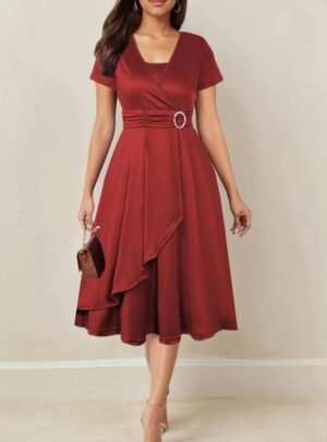 Elegant Burgundy Asymmetrical Hem V-Neck Dress with Rhinestones - Short Sleeve Cross Design