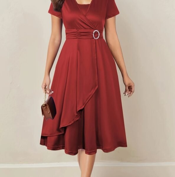 Elegant Burgundy Asymmetrical Hem V-Neck Dress with Rhinestones - Short Sleeve Cross Design
