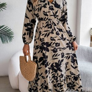 Leisure Flower Waist-controlled Long Sleeves Ruffled Dress