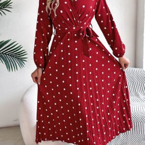 Elegant Contrast Color Polka Dot Cross V-neck Pleated Maxi Dress For Women