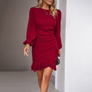 Chic Women's Bohemian Puff Sleeve Dress - Slim Fit Round Neck for Casual & Semi-Formal Events