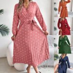 Elegant Contrast Color Polka Dot Cross V-neck Pleated Maxi Dress For Women