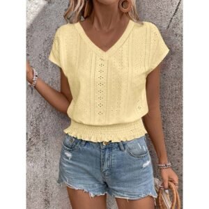 Stylish Women’s Summer Eyelet V-Neck Top - Casual Short Sleeve Smocked Blouse & Loose Tunic