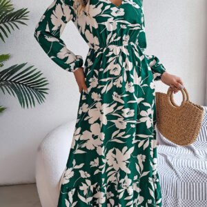 Leisure Flower Waist-controlled Long Sleeves Ruffled Dress
