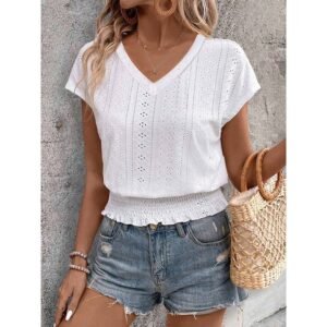 Stylish Women’s Summer Eyelet V-Neck Top - Casual Short Sleeve Smocked Blouse & Loose Tunic