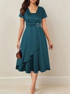 Elegant Navy Asymmetrical Hem V-Neck Dress with Rhinestones - Short Sleeve Cross Design