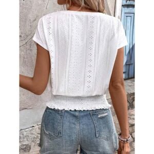 Stylish Women’s Summer Eyelet V-Neck Top - Casual Short Sleeve Smocked Blouse & Loose Tunic