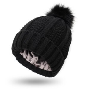 Winter Knitted Hats Fashion Stretchy Lined Skull Hats For Women Faux Fur Pom Pom Hat Keep Warming Beanie Hat