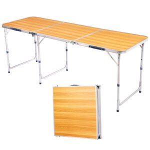 6ft Wood Grain Outdoor Folding Table Aluminum Alloy Rectangular 50kg Tri-fold Tabletop