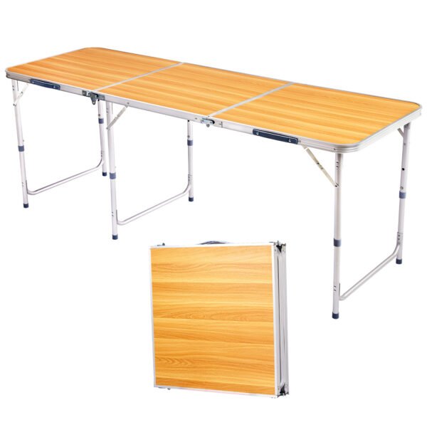 6ft Wood Grain Outdoor Folding Table Aluminum Alloy Rectangular 50kg Tri-fold Tabletop