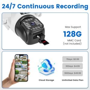 1080P HD 4-Lens Security Camera 360 Degree View WiFi Pan & Tilt Surveillance Camera With Full Color Night Vision Auto Motion Tracking 2-Way Audio Spotlights IP66 Waterproof Max 128G Not Included