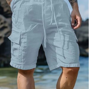 Cotton Linen Shorts Drawstring Elastic Waist Straight Leg Solid Color Breathable Beach Shorts