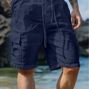 Cotton Linen Shorts Drawstring Elastic Waist Straight Leg Solid Color Breathable Beach Shorts