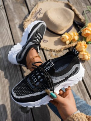 5d1ab115-3b59-403c-a879-49c14b89bf87.jpg Flyknit Mesh Shoes Women's Breathable Lace-up Sneakers Walking Running Casual Shoes