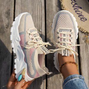 cb90add2-c75f-4818-9ba1-010eaa9210a3.jpg Flyknit Mesh Shoes Women's Breathable Lace-up Sneakers Walking Running Casual Shoes