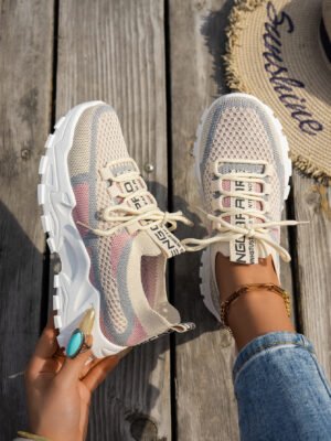 cb90add2-c75f-4818-9ba1-010eaa9210a3.jpg Flyknit Mesh Shoes Women's Breathable Lace-up Sneakers Walking Running Casual Shoes